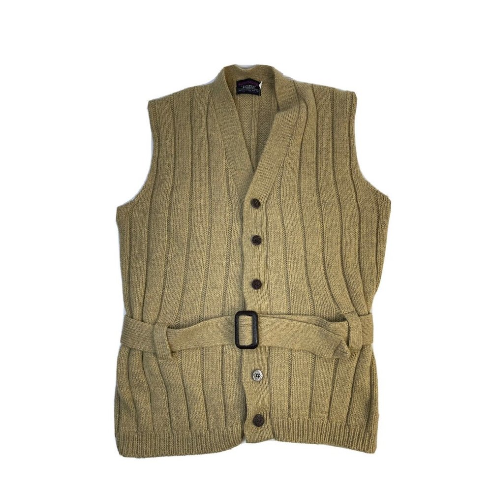 Vintage Wool Ribbed Knit Belted Cardigan Sweater Vest